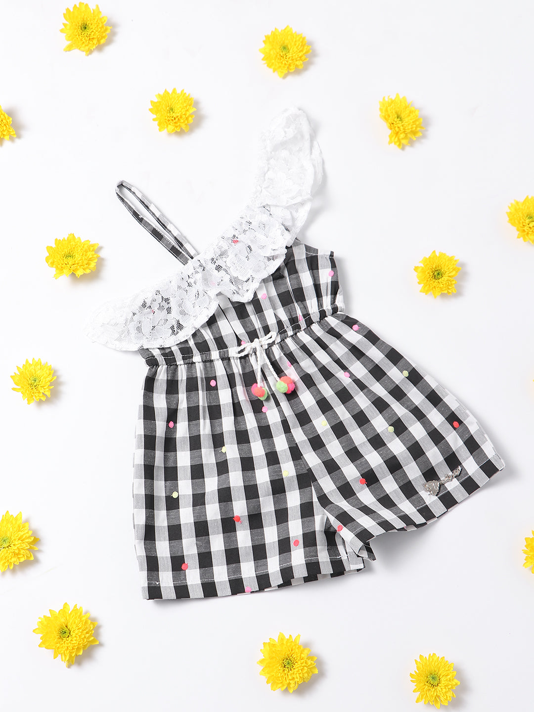 Nautinati Girls Checked One Shoulder With Ruffles Pure Cotton Jumpsuit