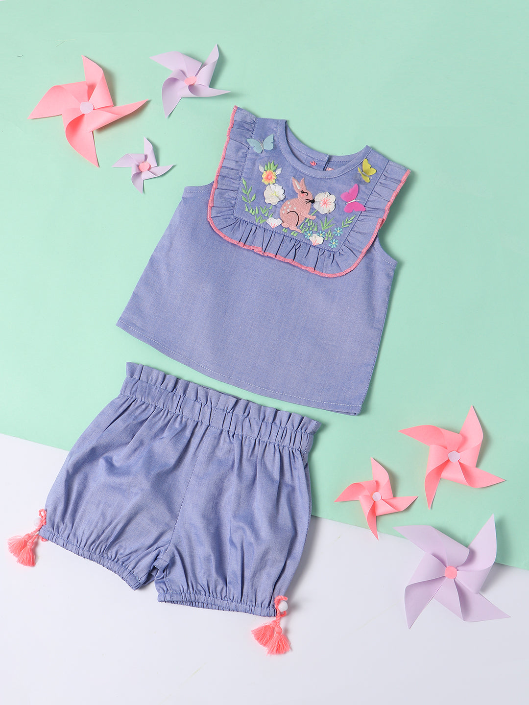 Nautinati Girls Embroidered Ruffled A-Line Pure Cotton Top With Shorts