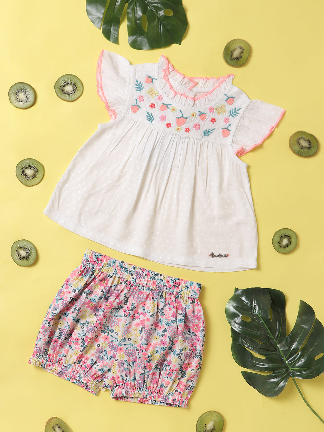 Nautinati Girls Floral Embroidered Frilled Top With Shorts
