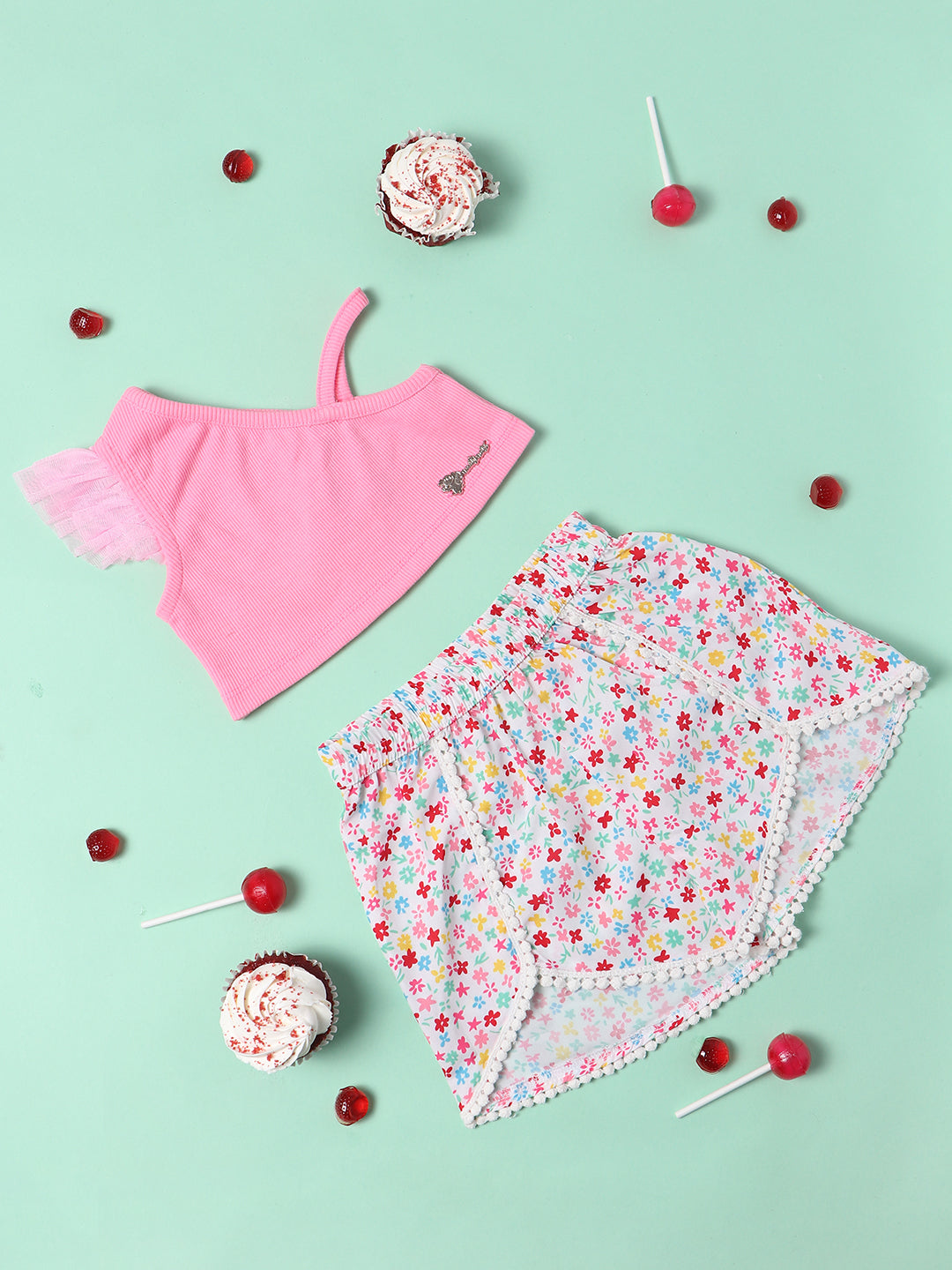 Nautinati Girls One Shoulder Frilled Top With Shorts