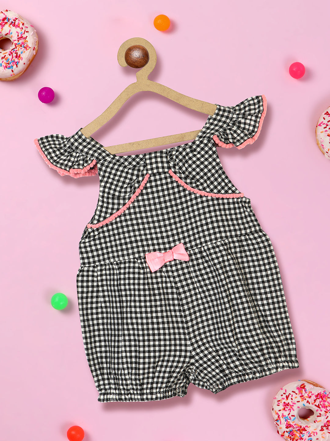 Nautinati Girls Checked Flutter Sleeves Bow Detail Pure Cotton Playsuit