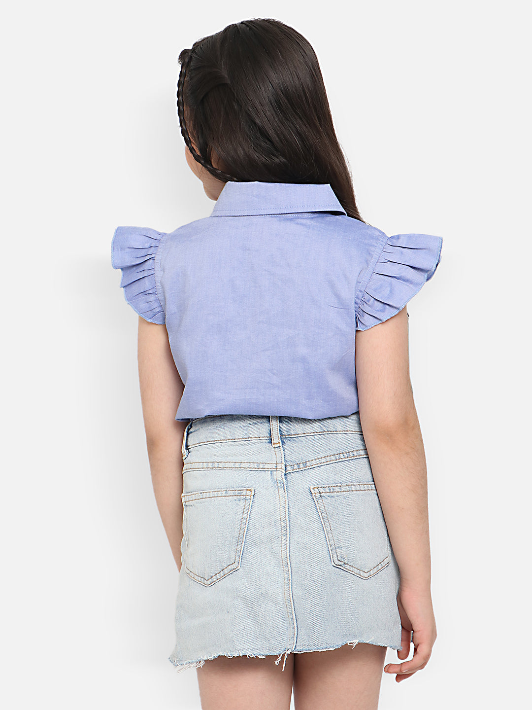 Nautinati Emboidered Flutter Sleeve Pure Cotton Chambray Shirt Style Crop Top