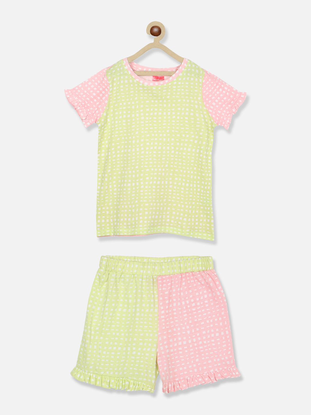Nautinati Girls Checked Colourblocked Pure Cotton Top With Shorts
