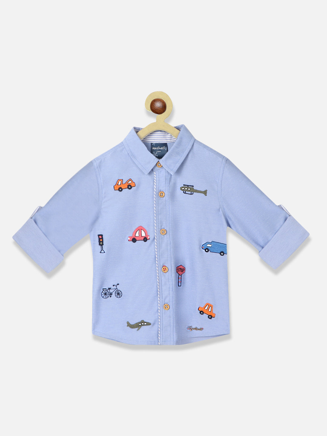 Nautinati Boys Standard Embroidered Roll Up Sleeves Casual Shirt