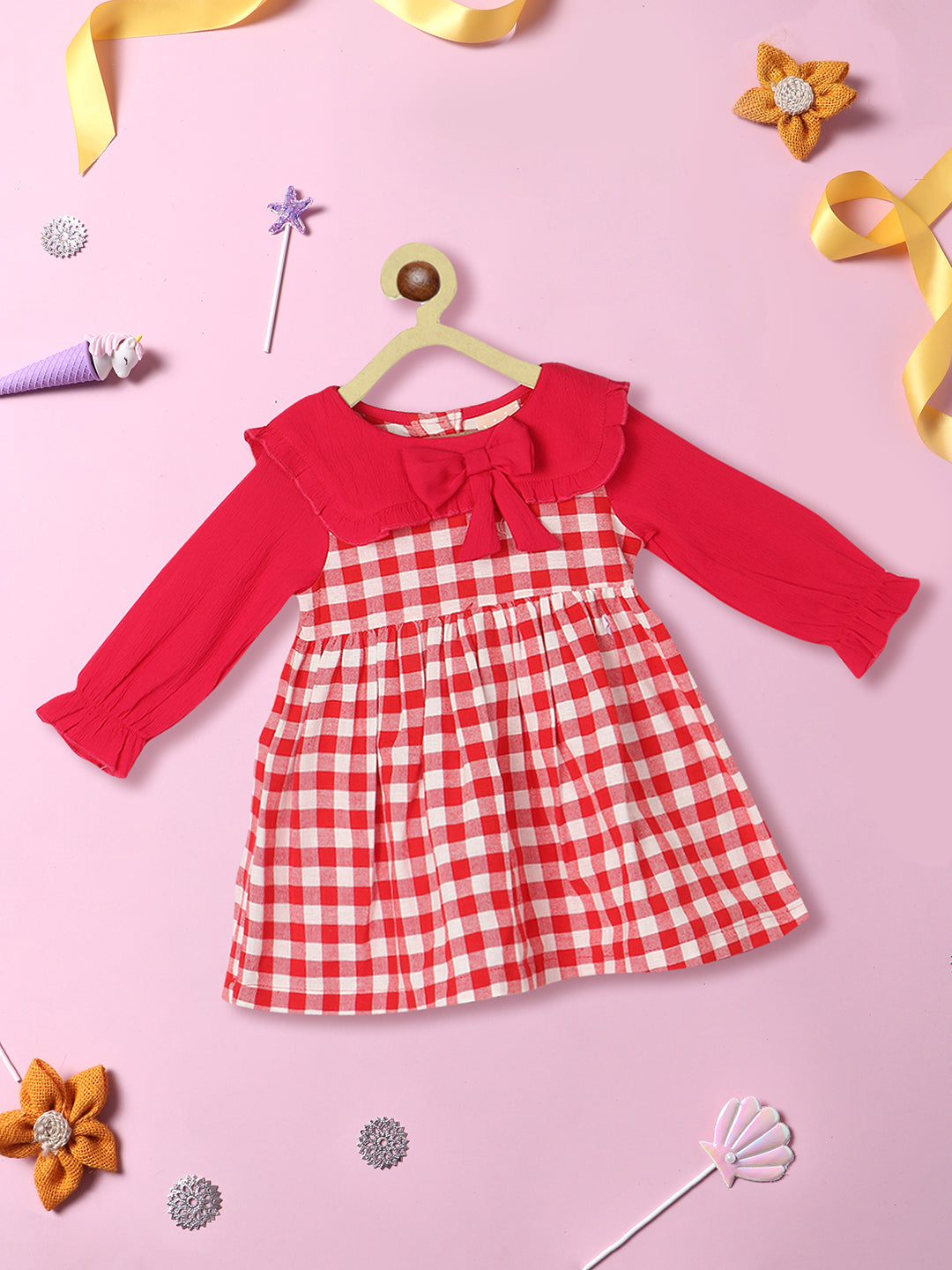Nautinati Girls Checked Peter Pan Collar Bow Detailed A-Line Dress