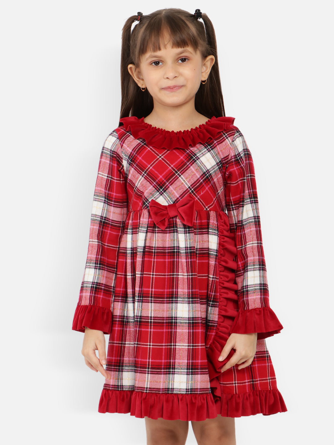 Nautinati Girls Checked Bell Sleeves Ruffled Pure Cotton A-Line Dress