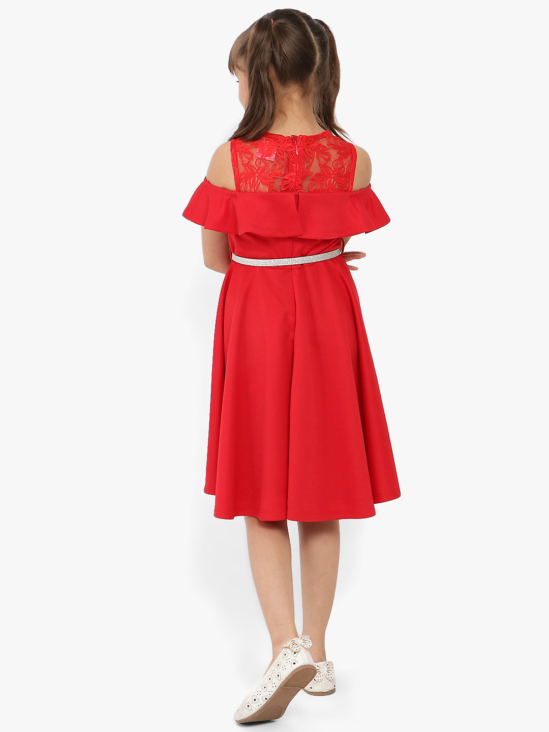 Nautinati Girls Red Solid Short Sleeve Polyester Dress