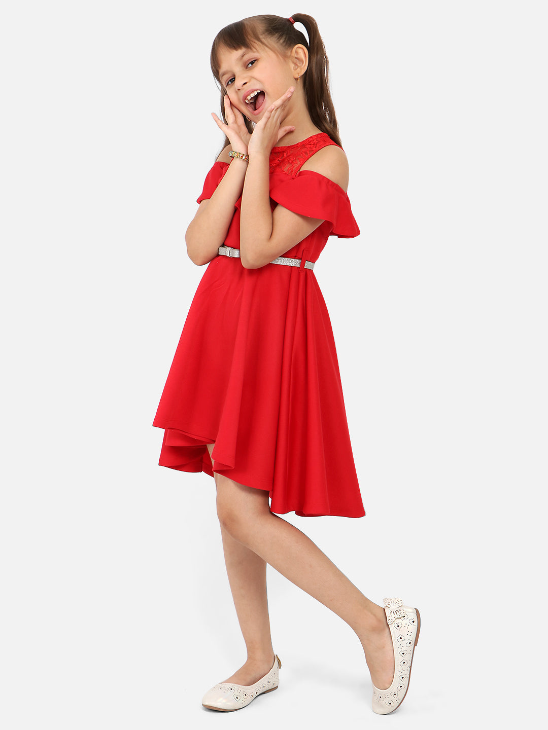 Nautinati Girls Red Solid Short Sleeve Polyester Dress