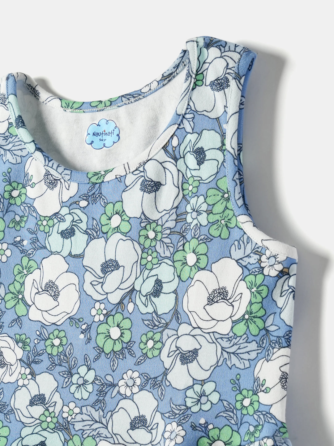 Girls Blue Floral Printed Sleeveless Round Neck A-Line Dress