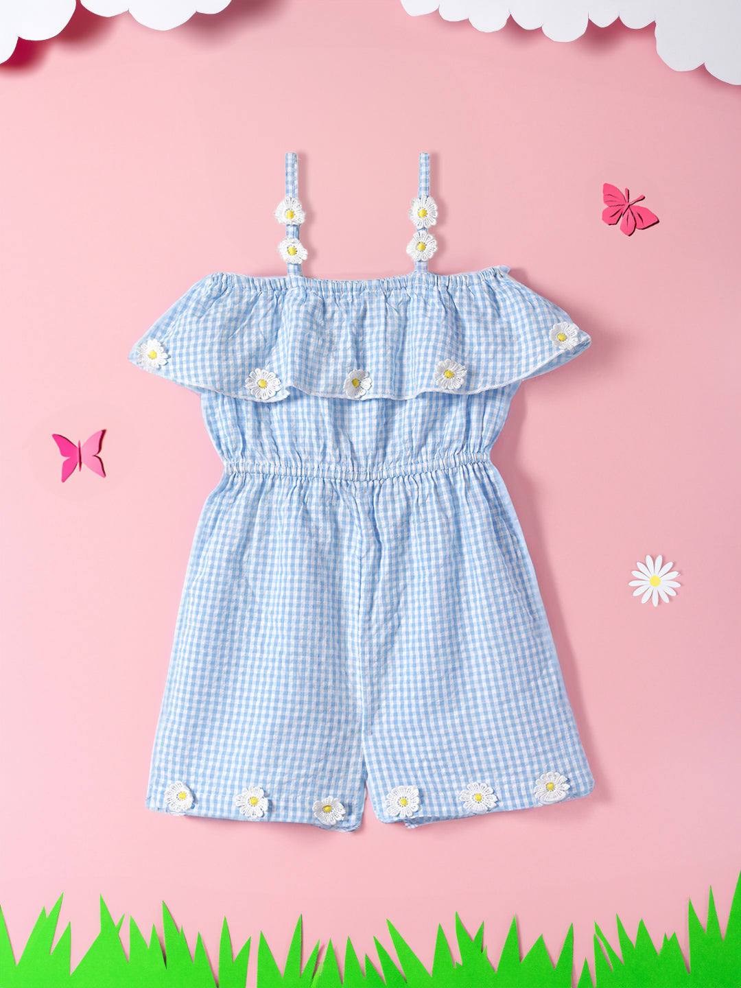 Girls Blue-White Checkered Layered Shoulder Strap Elasticated Waist Casual Jumpsuit with Crochet Flower Detail