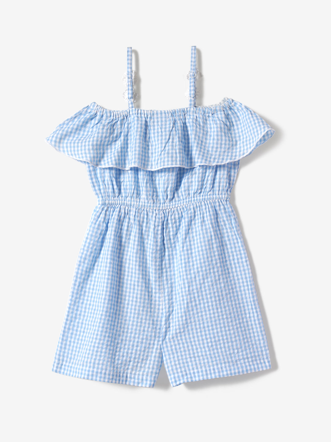 Girls Blue-White Checkered Layered Shoulder Strap Elasticated Waist Casual Jumpsuit with Crochet Flower Detail