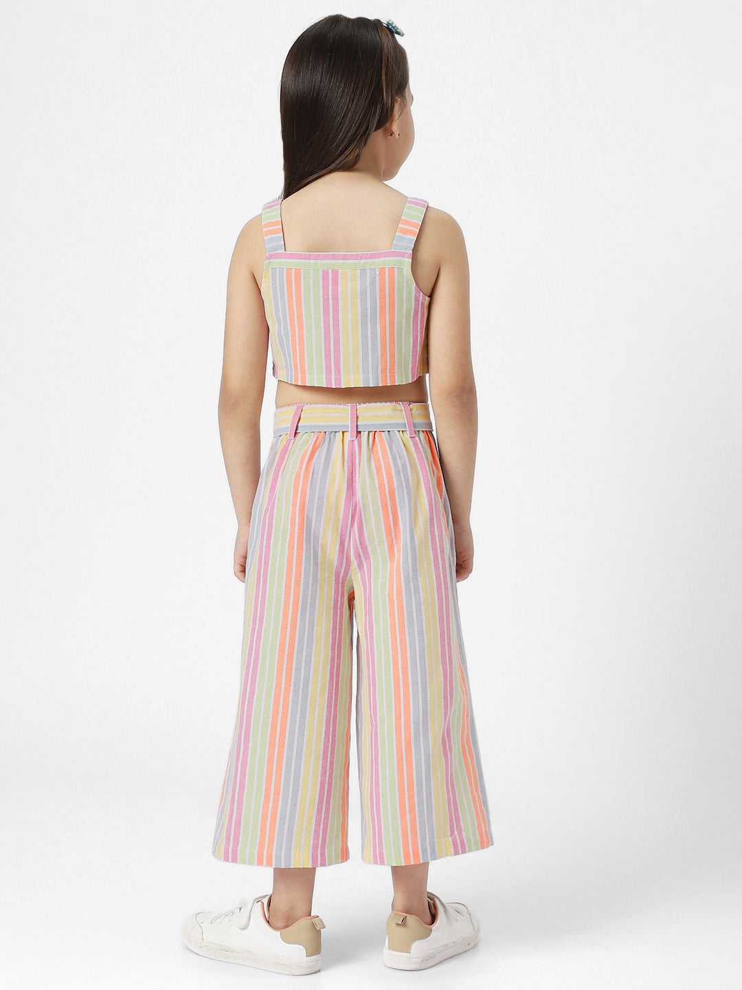 Girls Multicolor Striped Square Neck Blouson Crop Top With Ankle Length Trouser