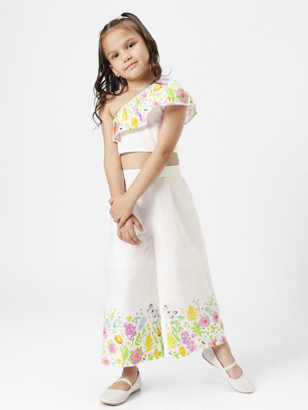 Girls White Floral Printed One Shoulder Ruffled Blouson Crop Top