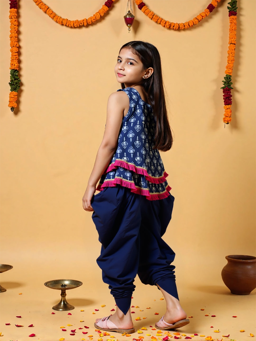 Nautinati Girls' Cotton Festive Printed Top and Dhoti Set with sling | Age 2-10 Years