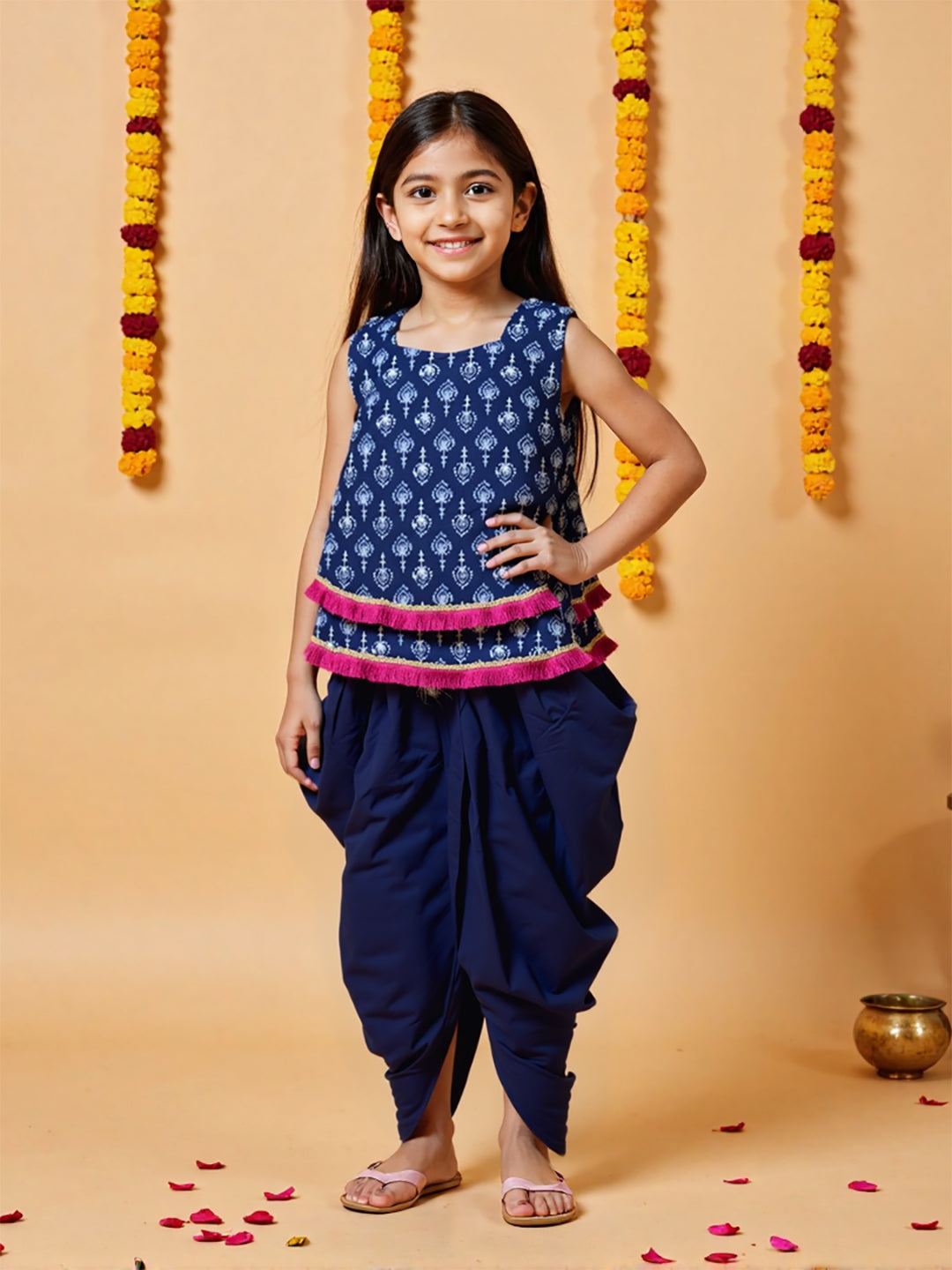 Nautinati Girls' Cotton Festive Printed Top and Dhoti Set with sling | Age 2-10 Years