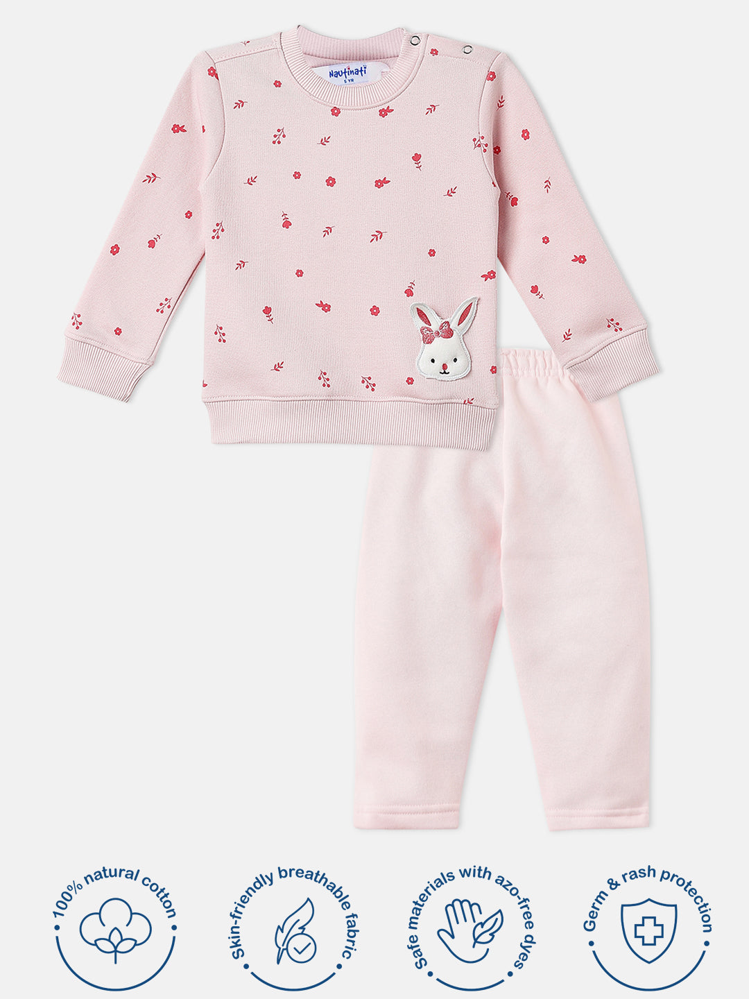 Nautinati Pink Fleece Cat Applique Sweatshirt and Solid Joggers Co-Ord Set for Infants