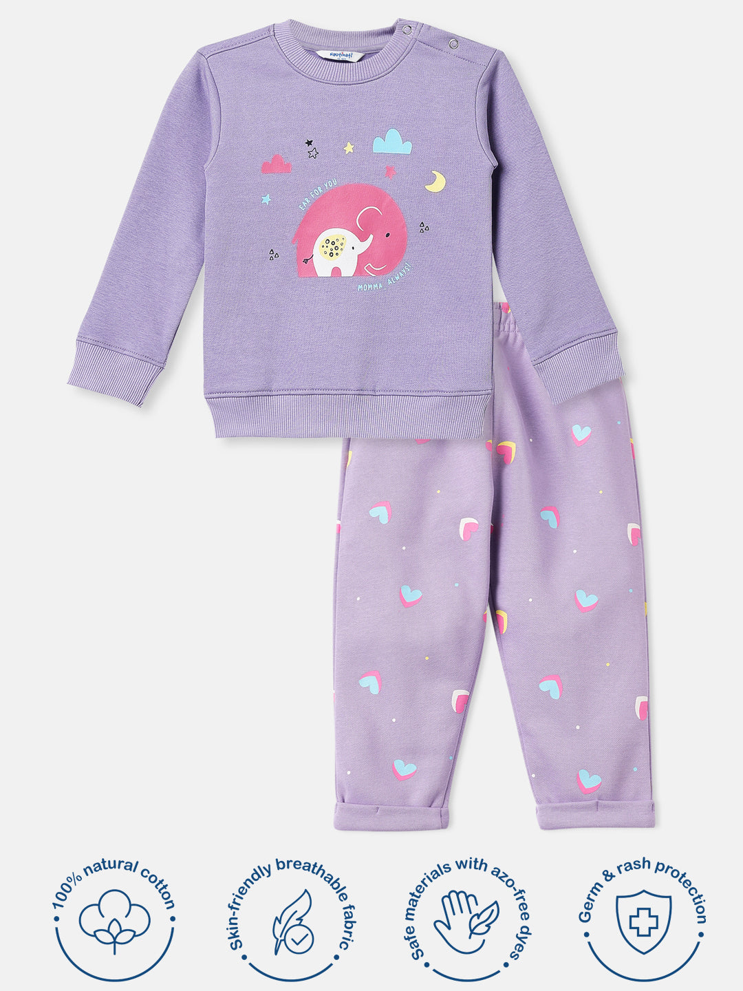 Nautinati Lavender Fleece Co-Ord Set of Graphic Sweater and Heart Printed Joggers for Infants