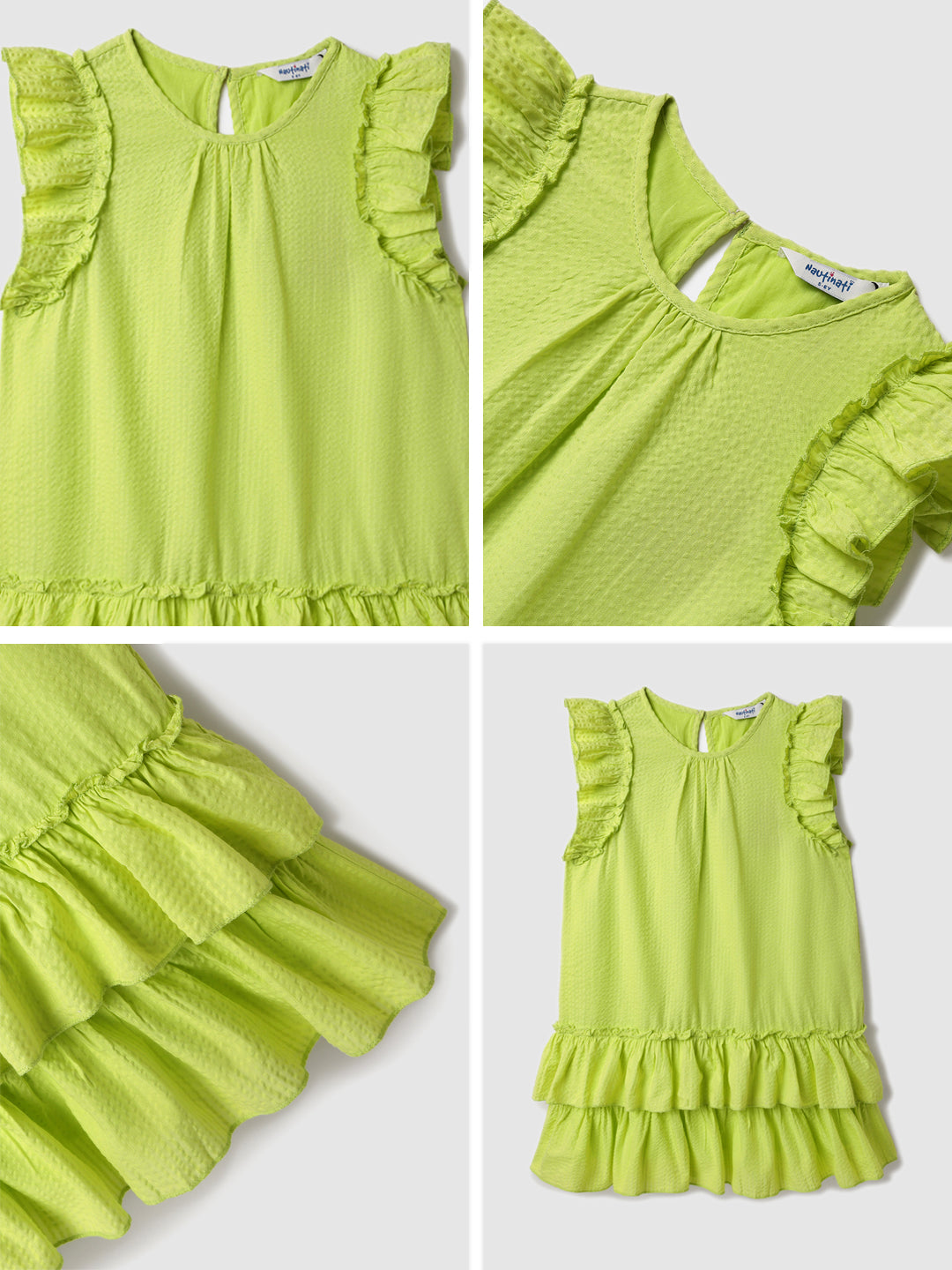 Nautinati Woven Lime Green Tiered Dress for Girls