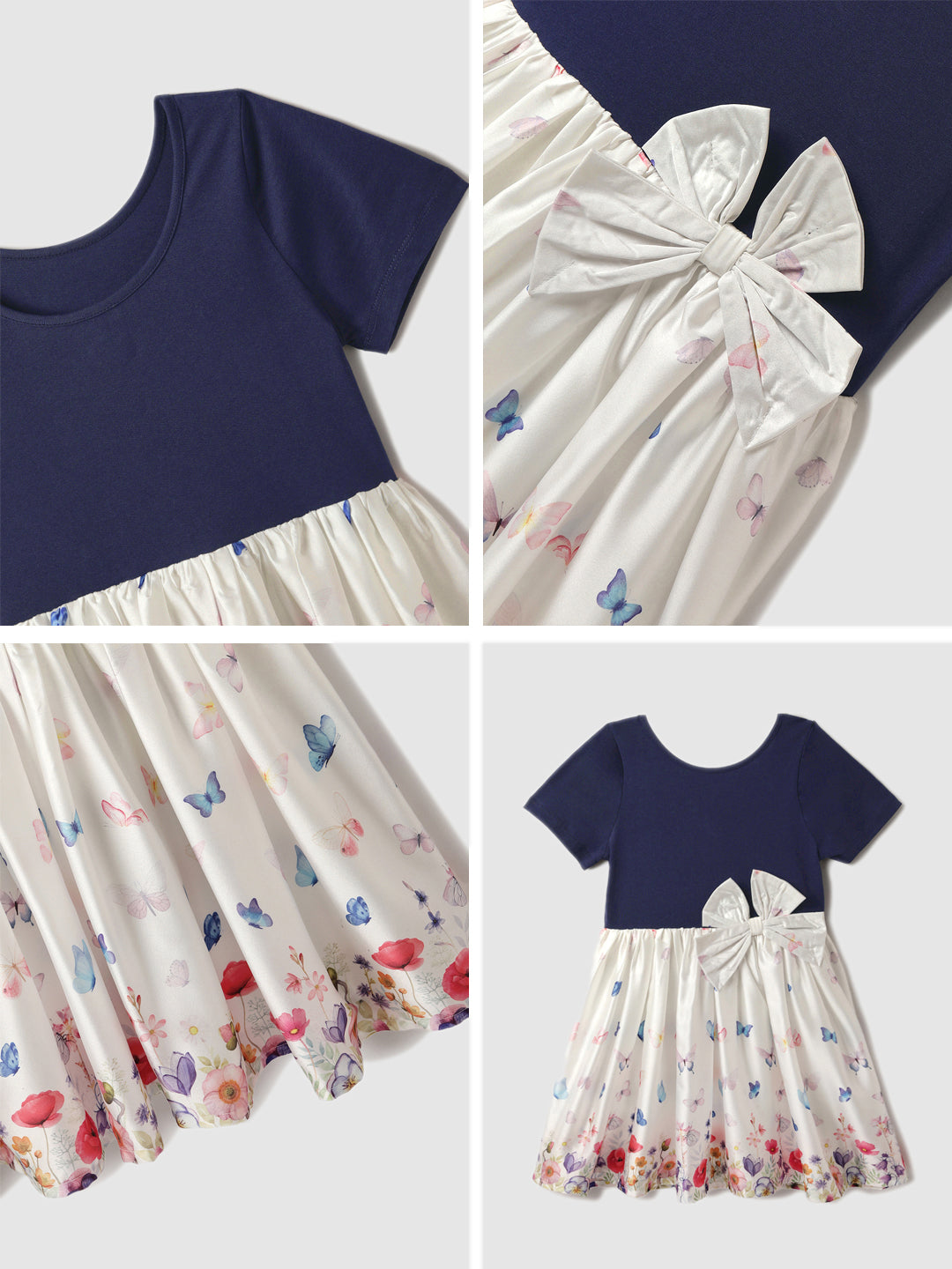 Nautinati Blue & White Japanese Satin Dress With a Bow for Girls