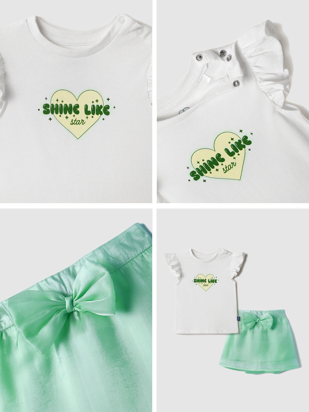 Nautinati Oraganza Green Bow Skirt With White Top Set for Girls