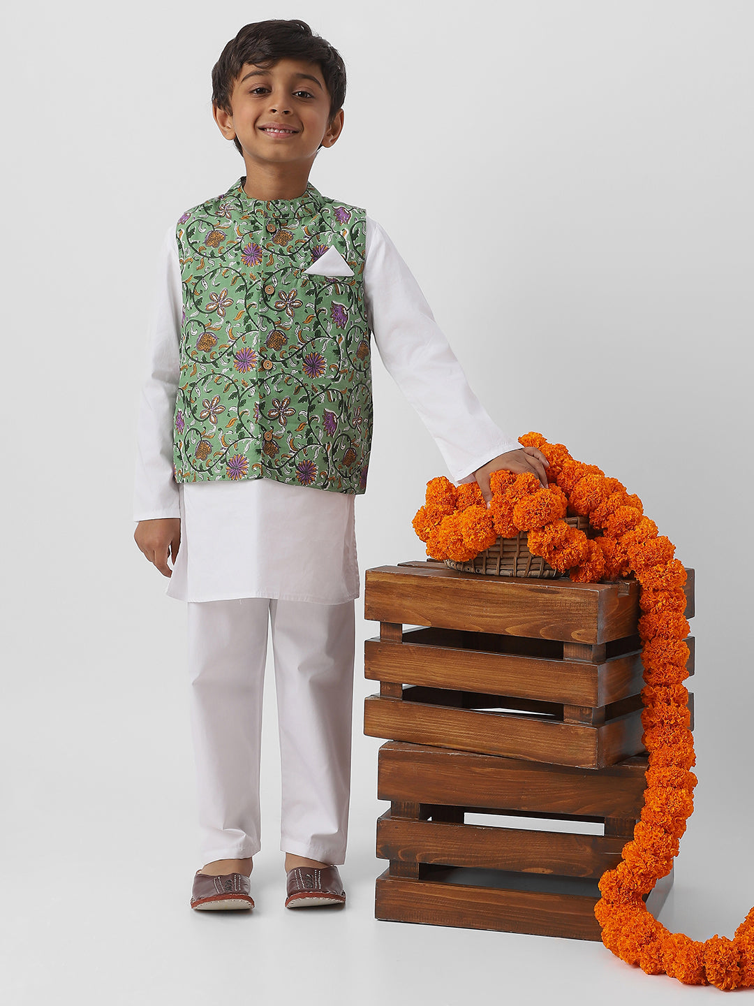 Nautinati Boysâ€™ White Cotton Full Sleeve Kurta-Pyjama with Floral Jaipur Print Nehru Jacket