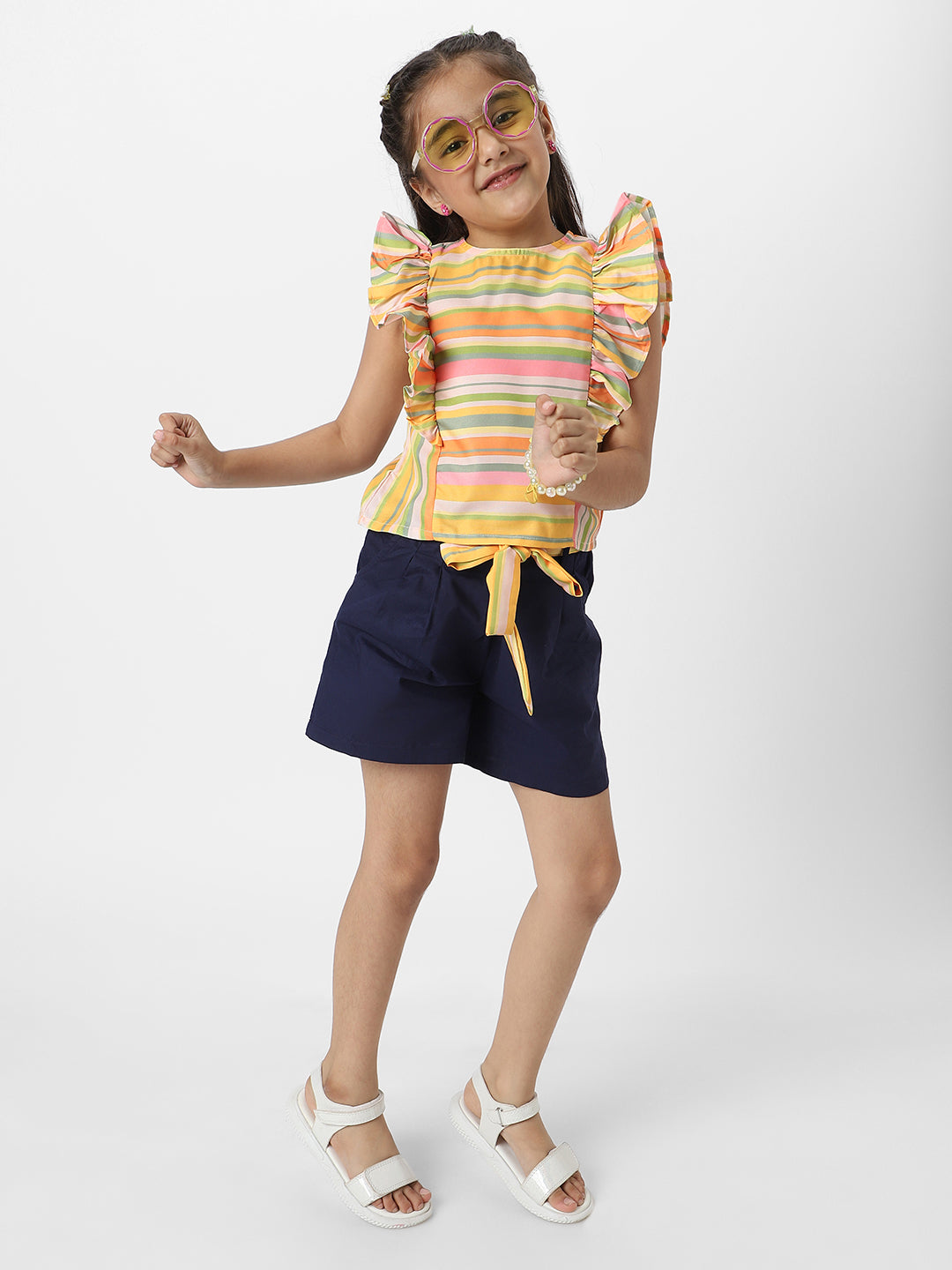 Nautinati Girls' Combo Set of Striped Sleeveless Top with Matching Belt and Solid Shorts