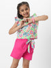 Nautinati Girls' Pink Combo Set of Floral Printed Sleeveless Top with Matching Belt and Solid Shorts