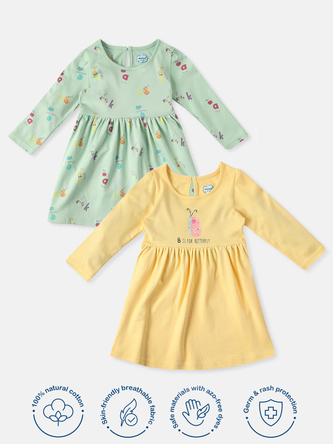 Nautinati Infants Alphabet Print Soft Cotton Pack of 2 Dresses