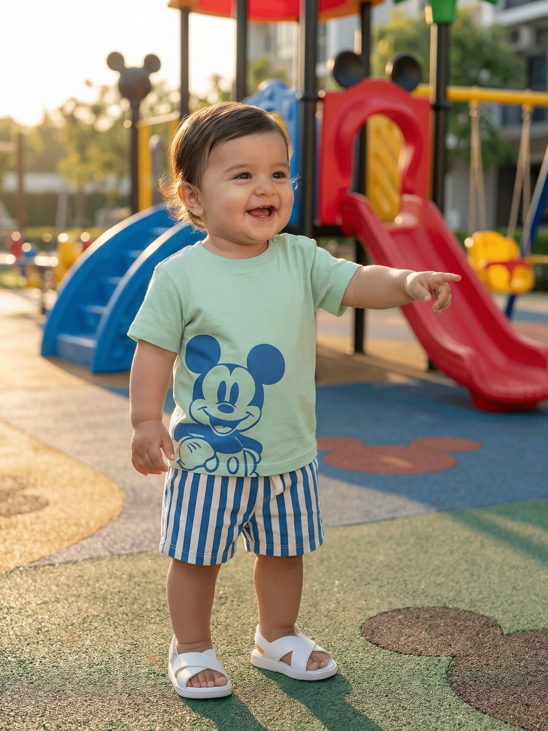 Nautinati Baby Boys Mickey Mouse Printed Regular Fit Round Neck T-shirt and Stripped Shorts Co-ord Set