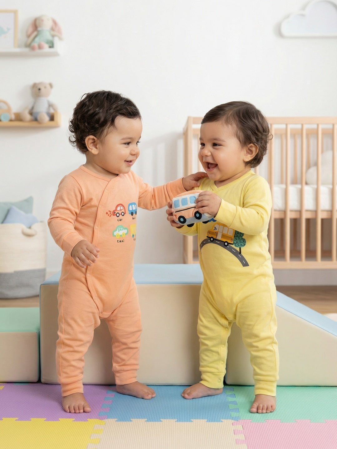 Nautinati Baby Boys' 100% Cotton Pack of 2 Vehicle Placement Print Sleepsuits