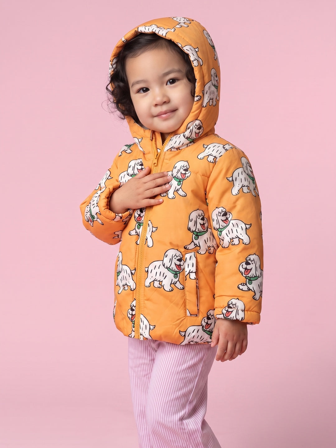 Nautinati Baby Girls Regular Fit Hooded Dog Printed Puffer Jacket with Front Zip