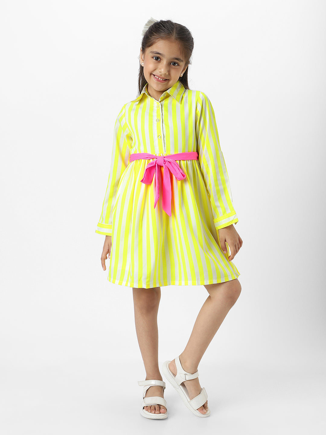 Nautinati Girls Yellow Striped Full Sleeves Collar Neck Casual Wear Knee Length Dress