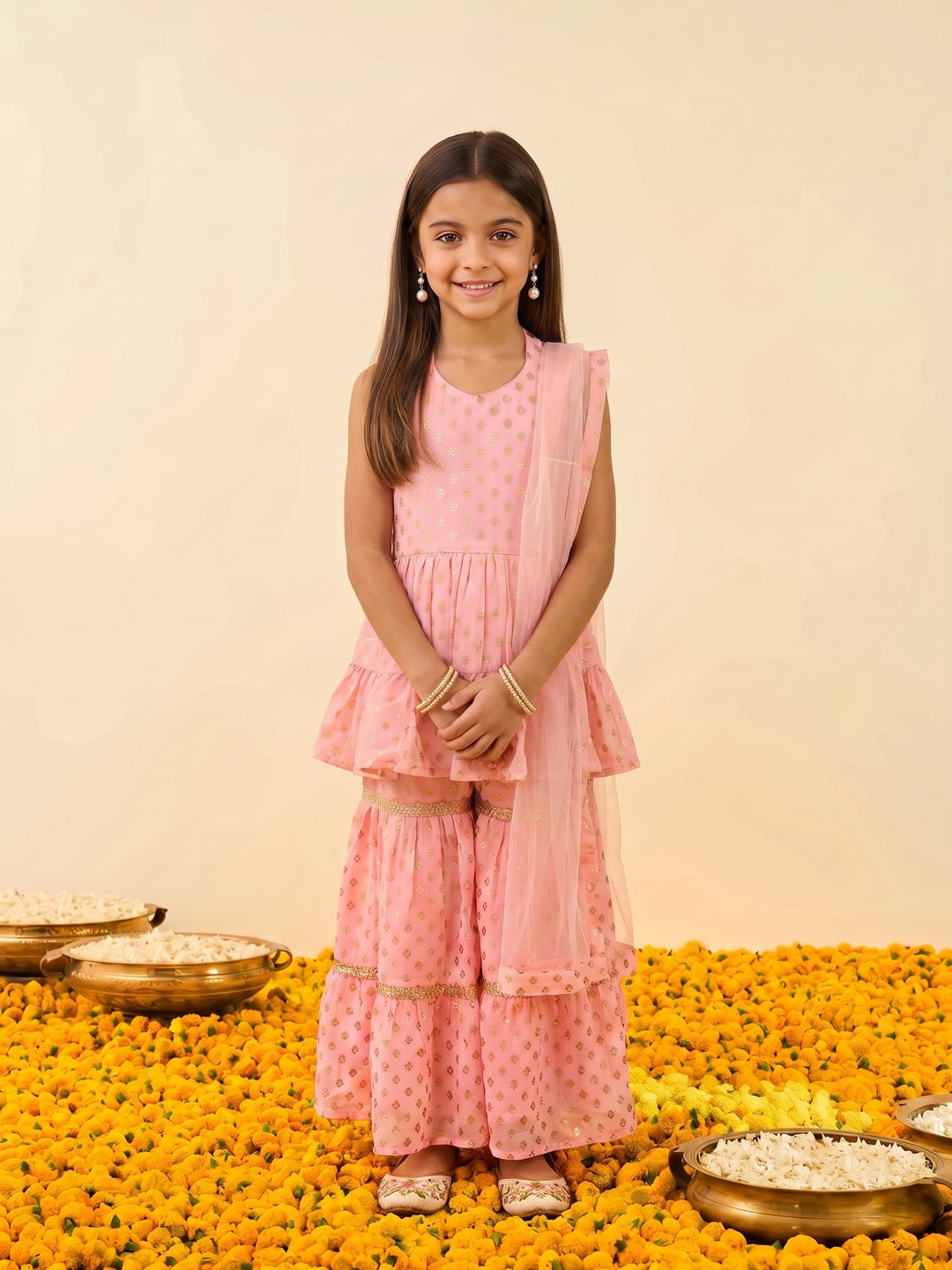 Nautinati Girls Foil Print Kurta and Sharara Set, 2-10Y