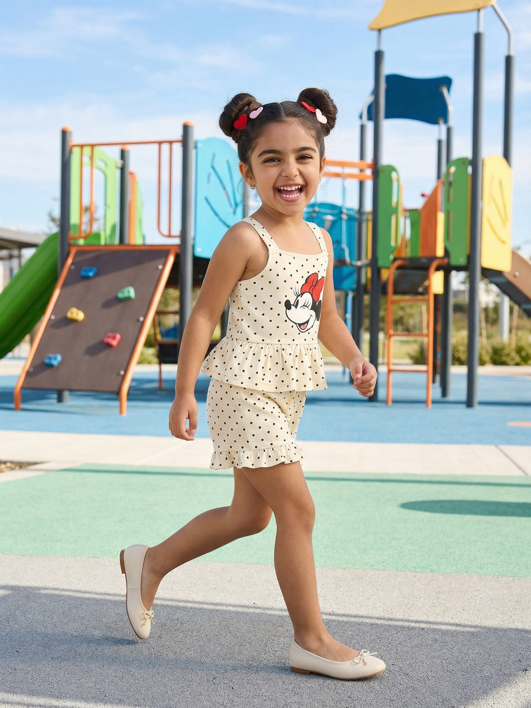 Nautinati Girls' 100% Cotton Disney Minnie Mouse Print with Polka Dots Jumpsuit with Ruffle Details