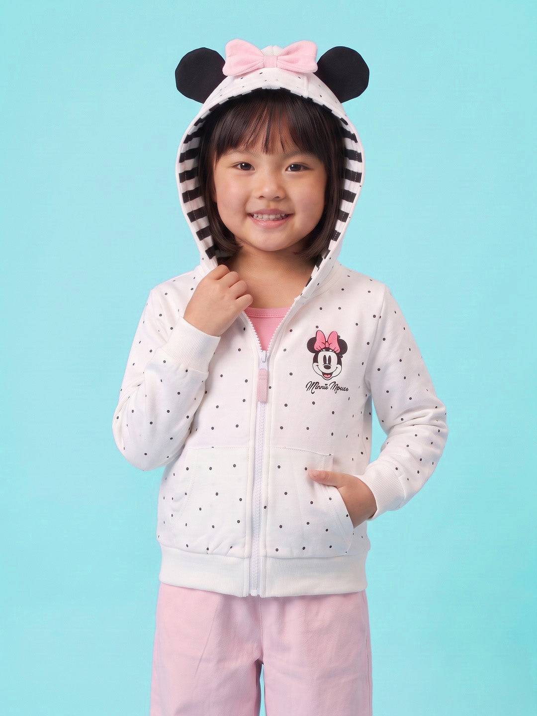 Nautinati Girls Disney Minnie Mouse Polka Dot Zip-Up Hoodie with 3D Bow Applique