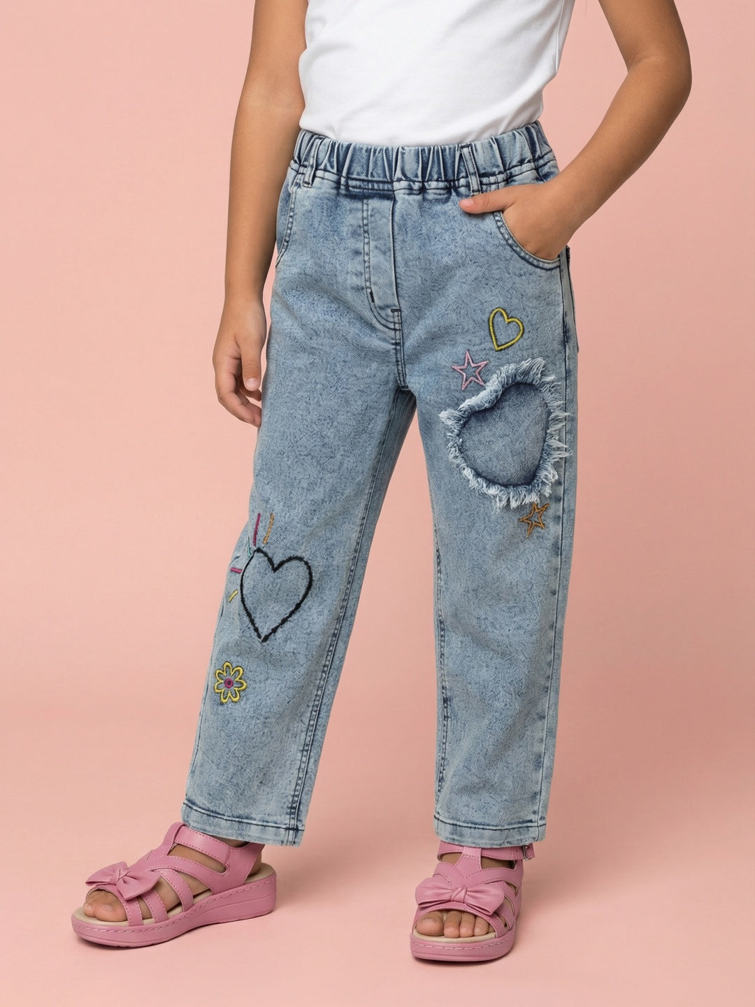 Nautinati Girls' 100% Cotton Regular Fit Stretchable Floral, Stars & Heart Embroidered Distressed Jeans with Patchwork