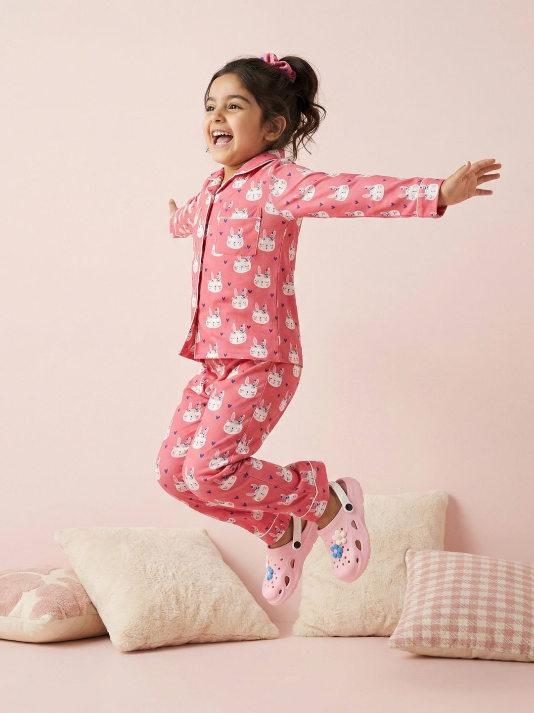 Nautinati Girls' Rayon Bunny All-over Print Woven Night Suit with Full-sleeve T-shirt & Full Bottoms
