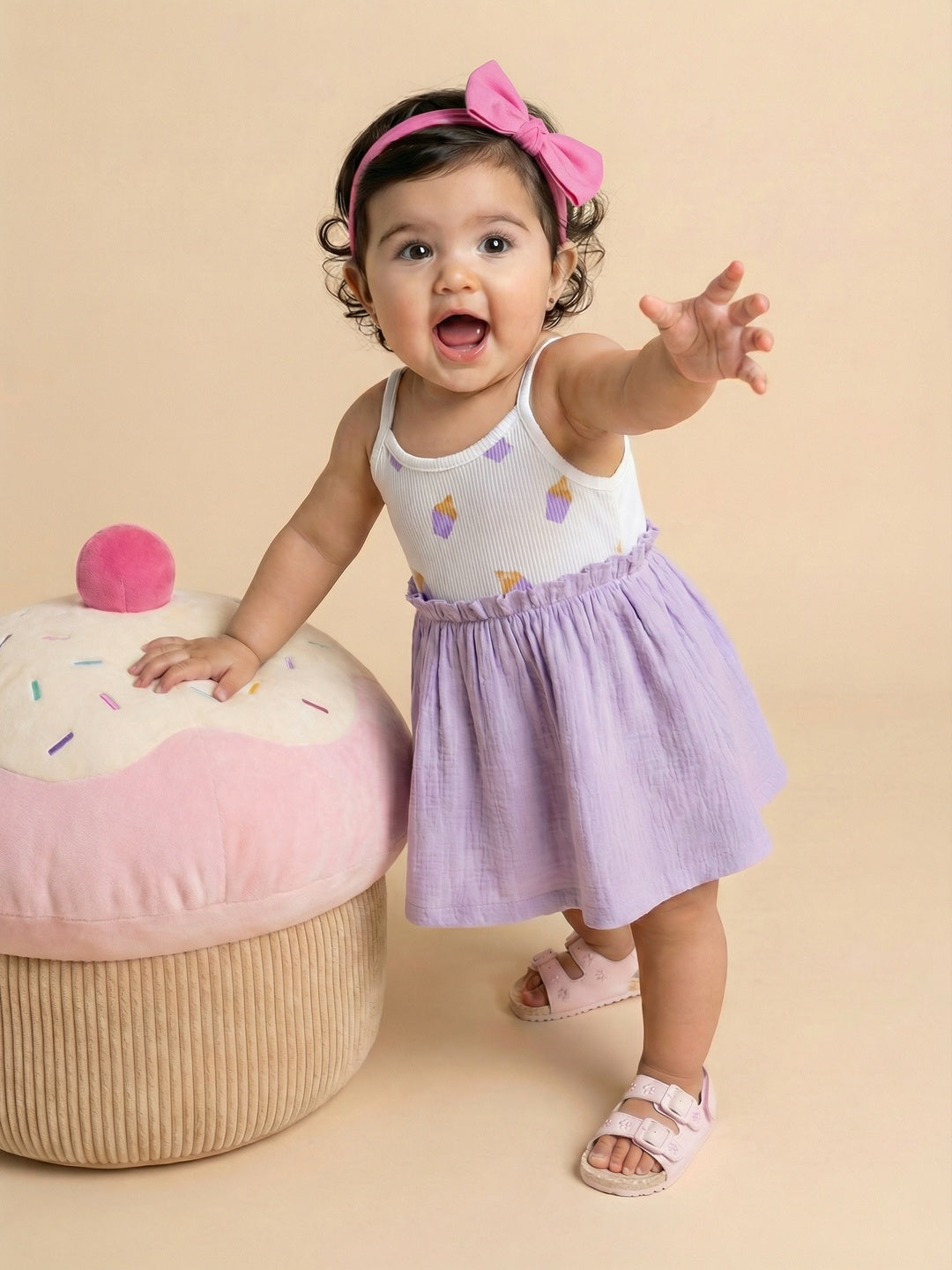 Nautinati Girls' Ribbed 100% Cotton All-over Ice Cream Print Fit & Flare Dress with Gathered Detail