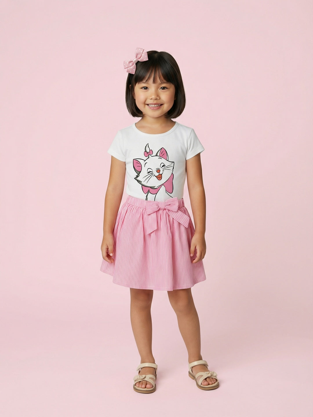 Nautinati Girls Marie Cat Printed Regular Fit Round Neck T-shirt and Skirt Co-ord Set