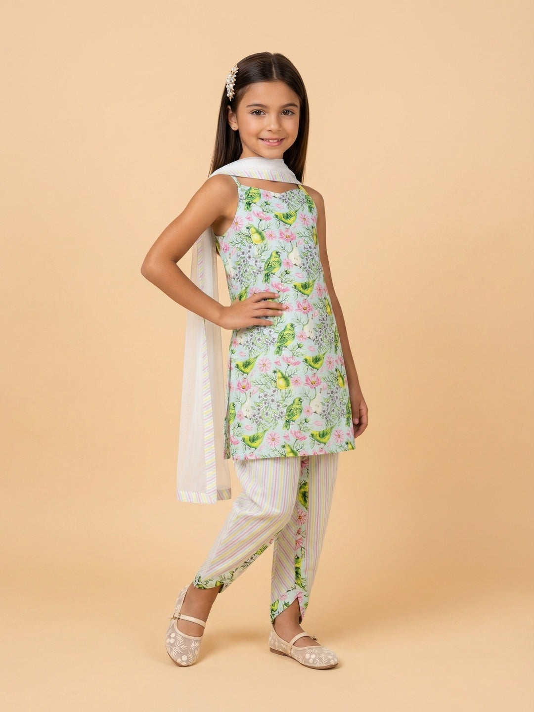 Nautinati Girls' Cotton Blend Festive Chintz Floral Kurti with Striped Dhoti Pants