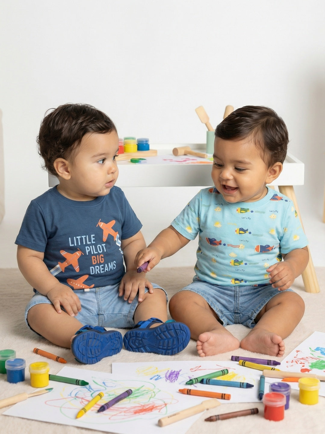 Nautinati Baby Boys' 100% Cotton Pack of 2 Aeroplane All-over Printed T-shirts