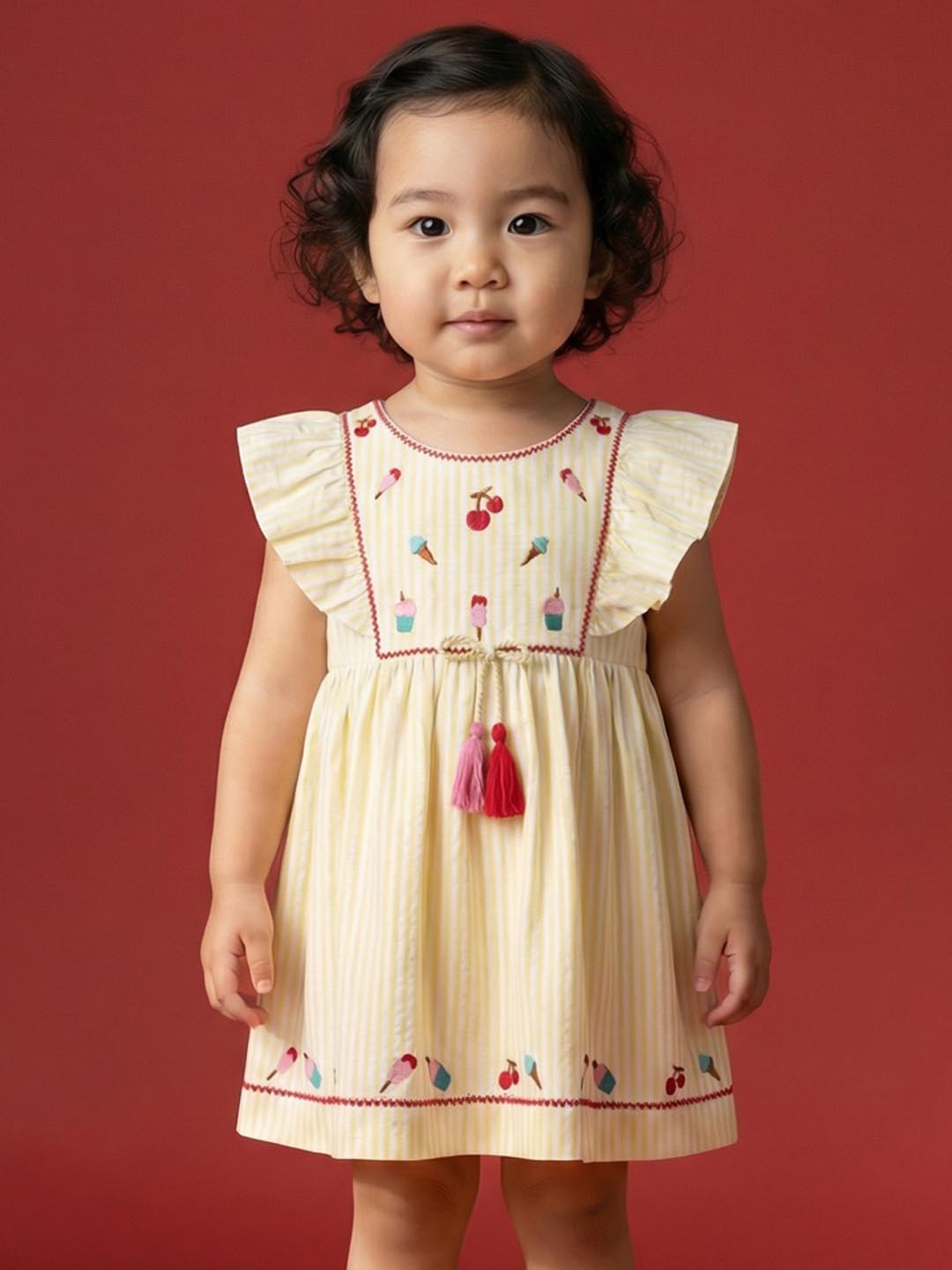 Nautinati Girls' 100% Cotton Ice-cream, Cherry, Cupcake Embroidered Striped Fit & Flare Frock