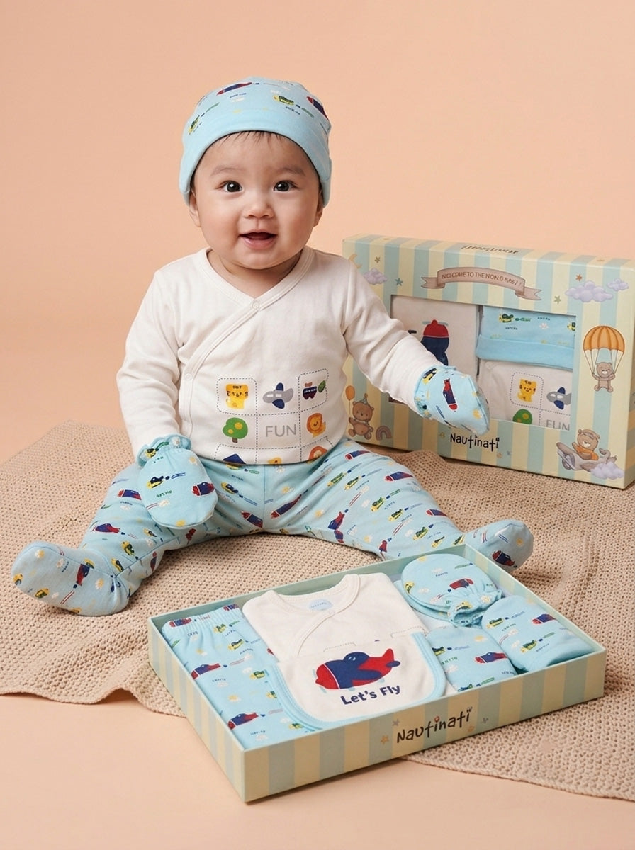 Nautinati Baby Boys Pure Cotton Summer themed Printed 5-pieces Gift Set