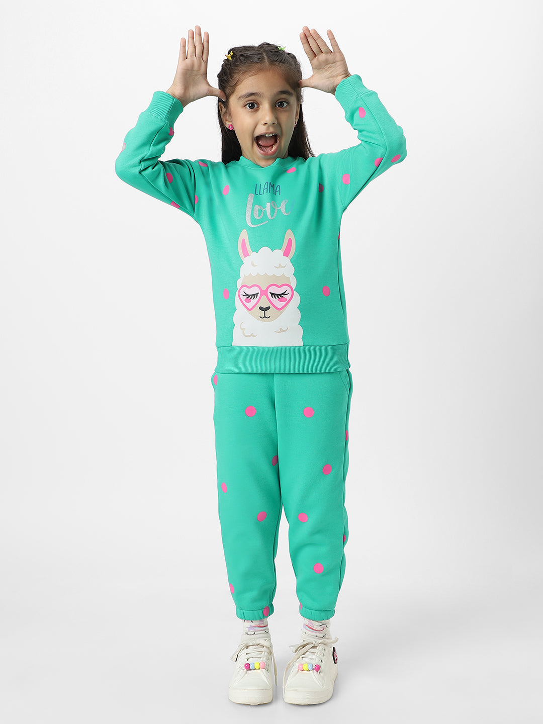 Nautinati Girls' Green Fleece Combo Set of Graphic Print Sweatshirt and Dot Print Joggers