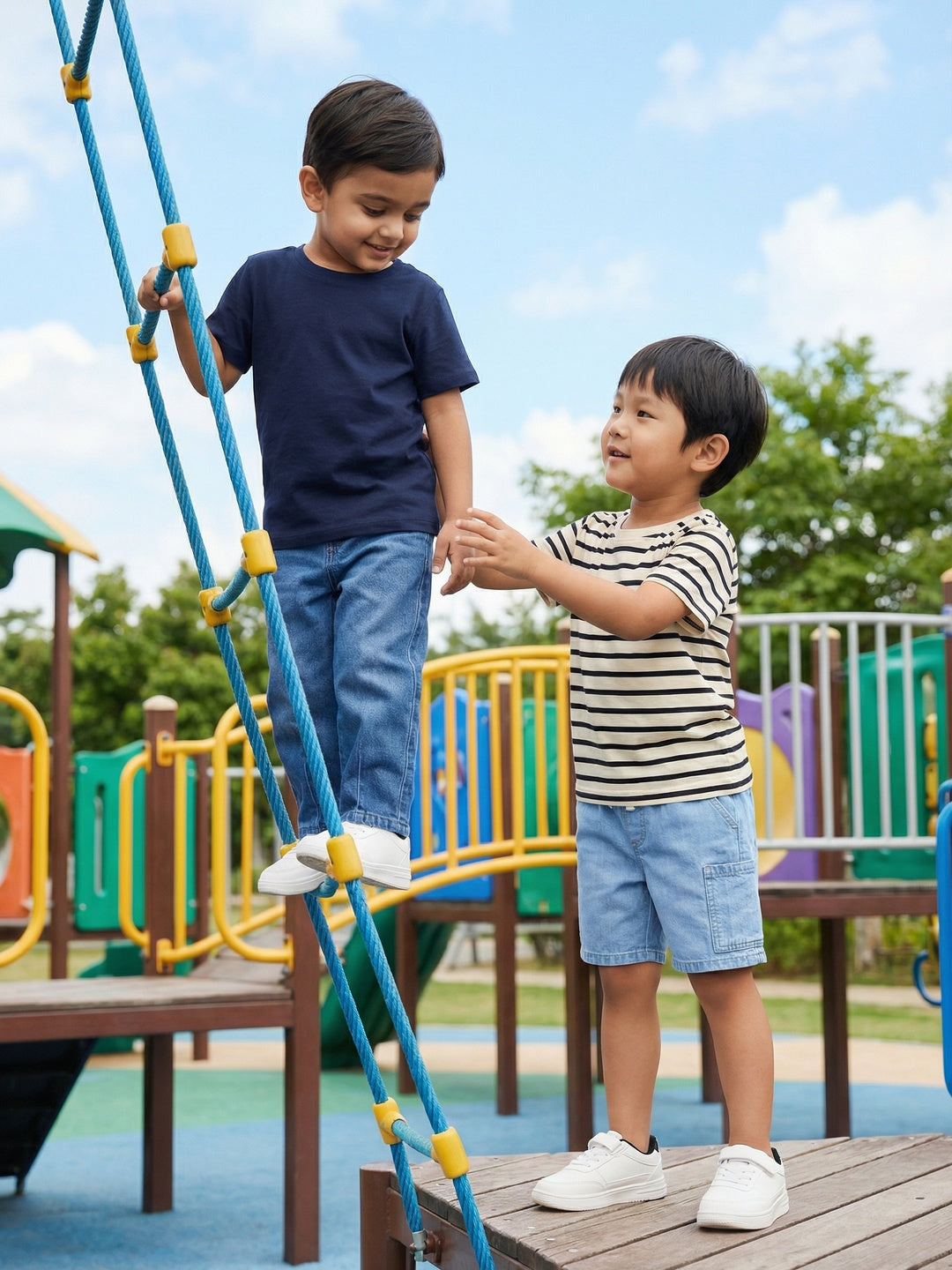 Nautinati Boys' 100% Cotton Pack of 2 Solid & Striped Essentials Crew Neck T-shirts