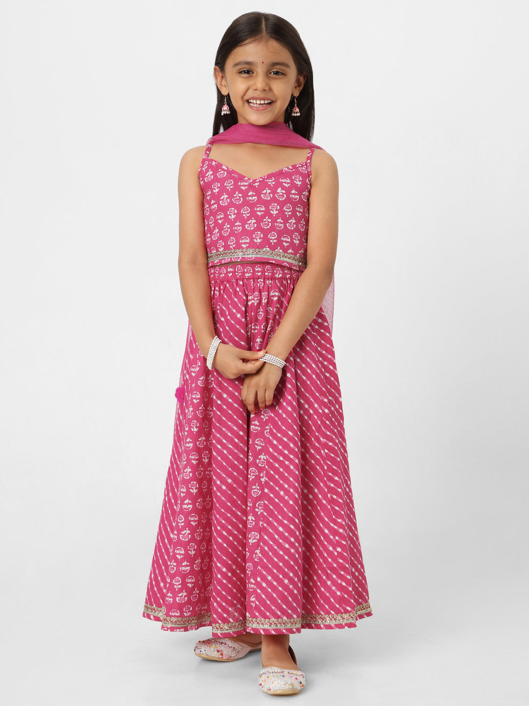 Nautinati Girls' Printed Sleeveless Pink Lehenga Set with Dupatta