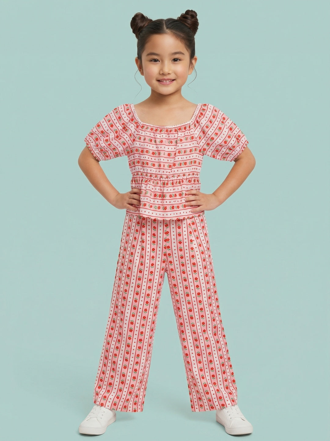 Nautinati Girls Valentine's Edition Red Floral Striped Peplum Top with Wide Leg Bottoms Co-ord Set