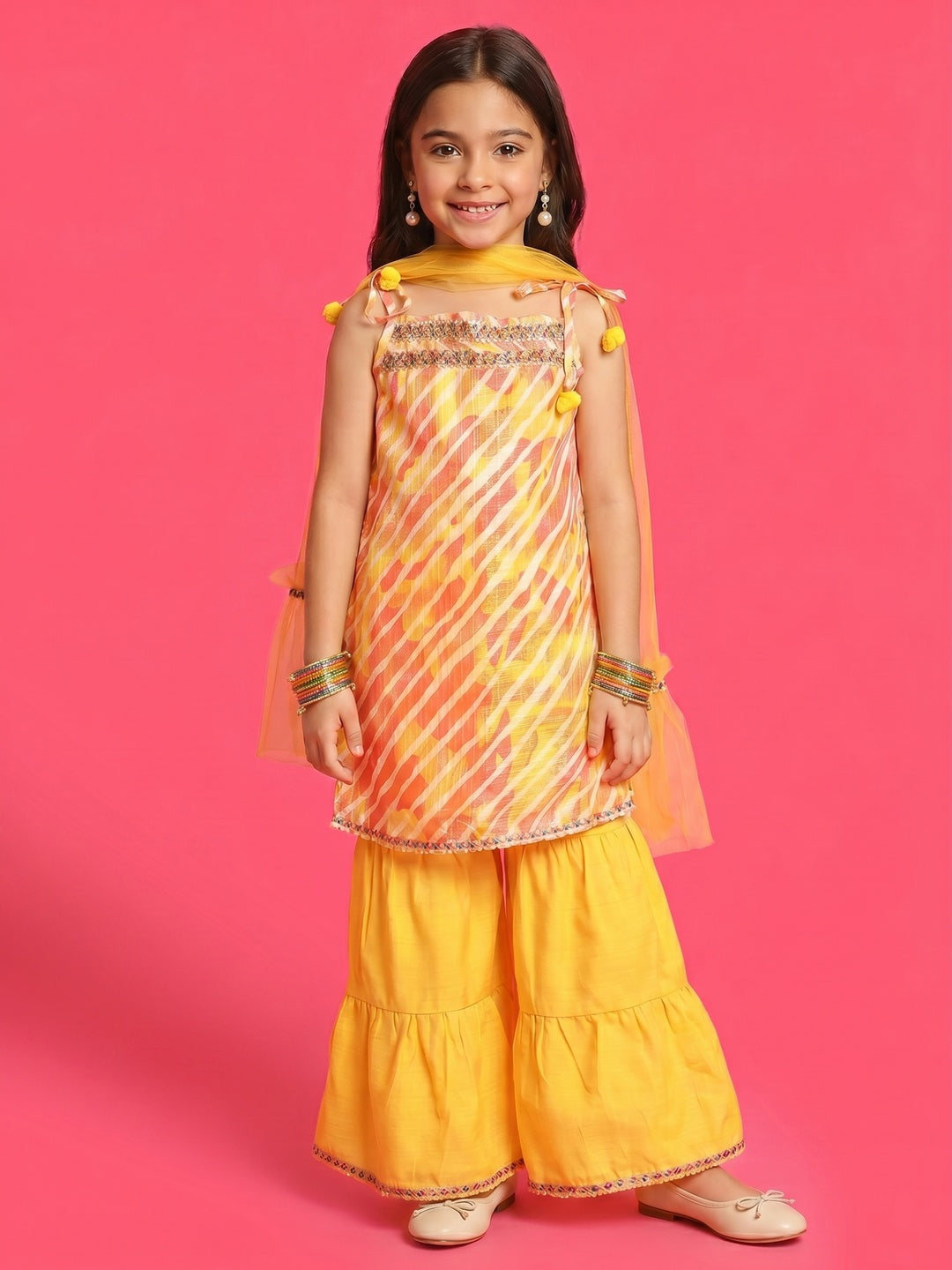 Nautinati Girls' Cotton Blend Striped Kurti with Solid Sharara & Net Dupatta Set with Gotta Patti Detail