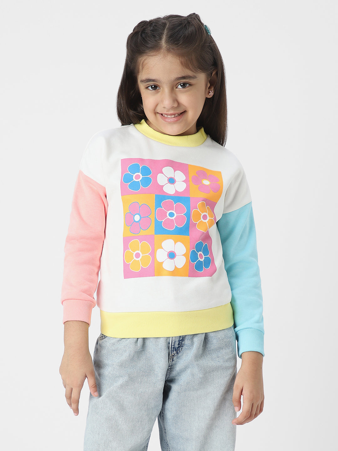 Girls Floral Printed Colourblock Sweatshirt