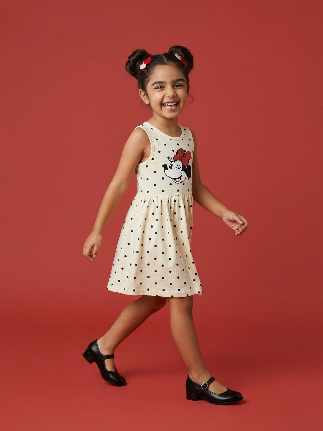 Nautinati Girls' 100% Cotton Disney Minnie Mouse Placement Print & Polka Dot Print Dress